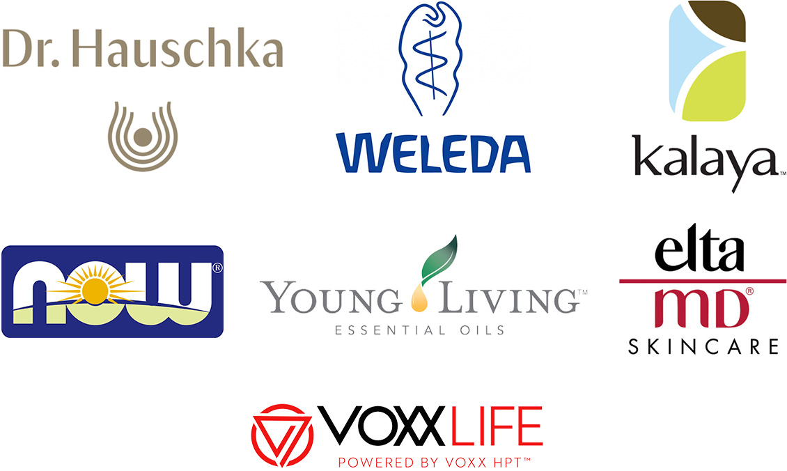 Dr. Hauschka, Weleda, Kalaya, Now, Young Living Essential Oils, Elta MD Skincare, and Voxxlife logos