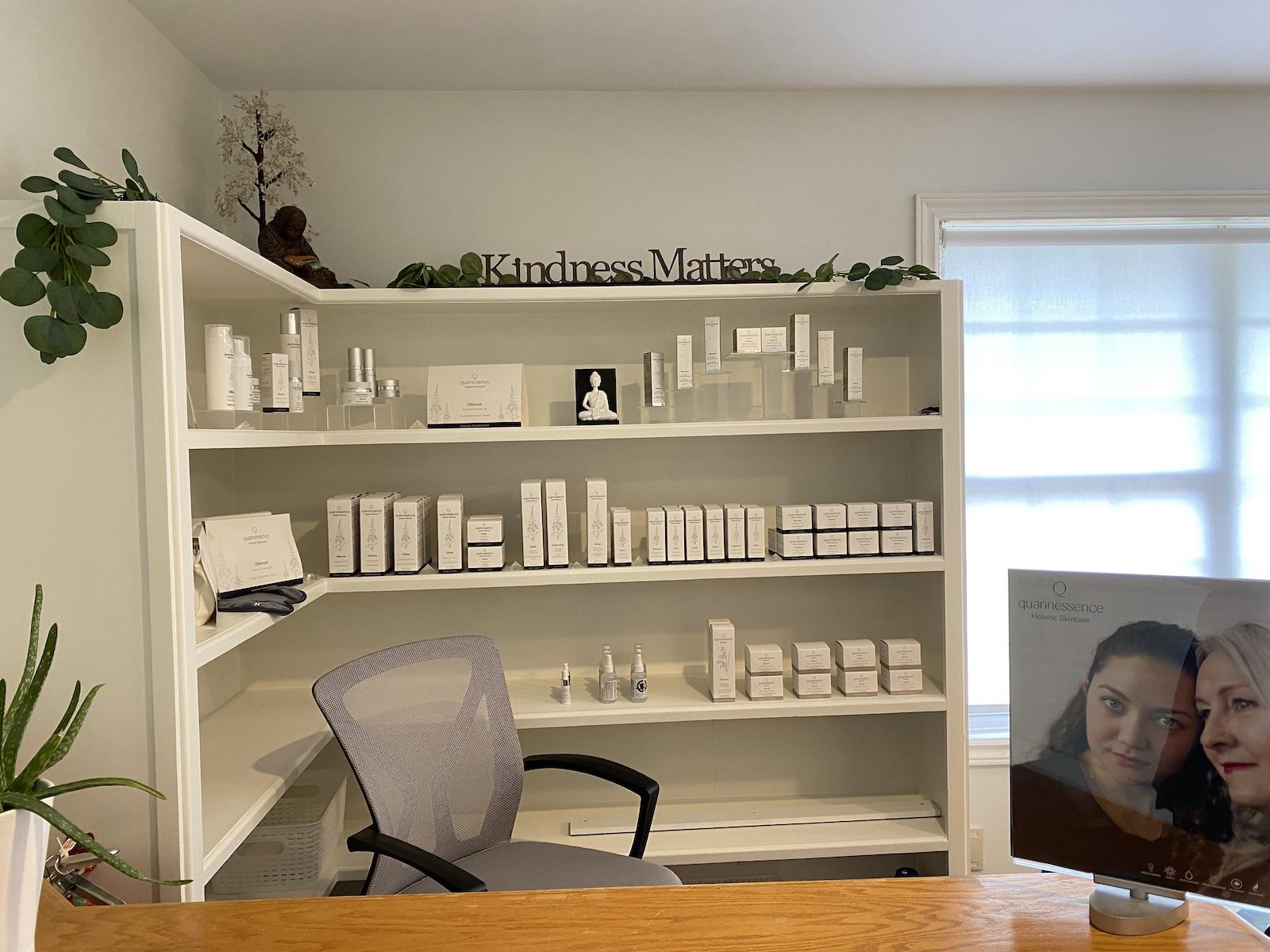Lobby counter with Quannessence Skincare on display shelf